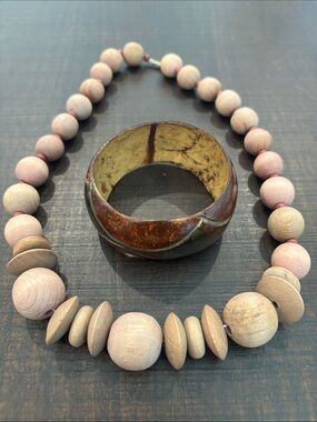 Vintage Mid-Century Modern Wood Jewelry Set – Chunky Beaded Necklace & Inlaid